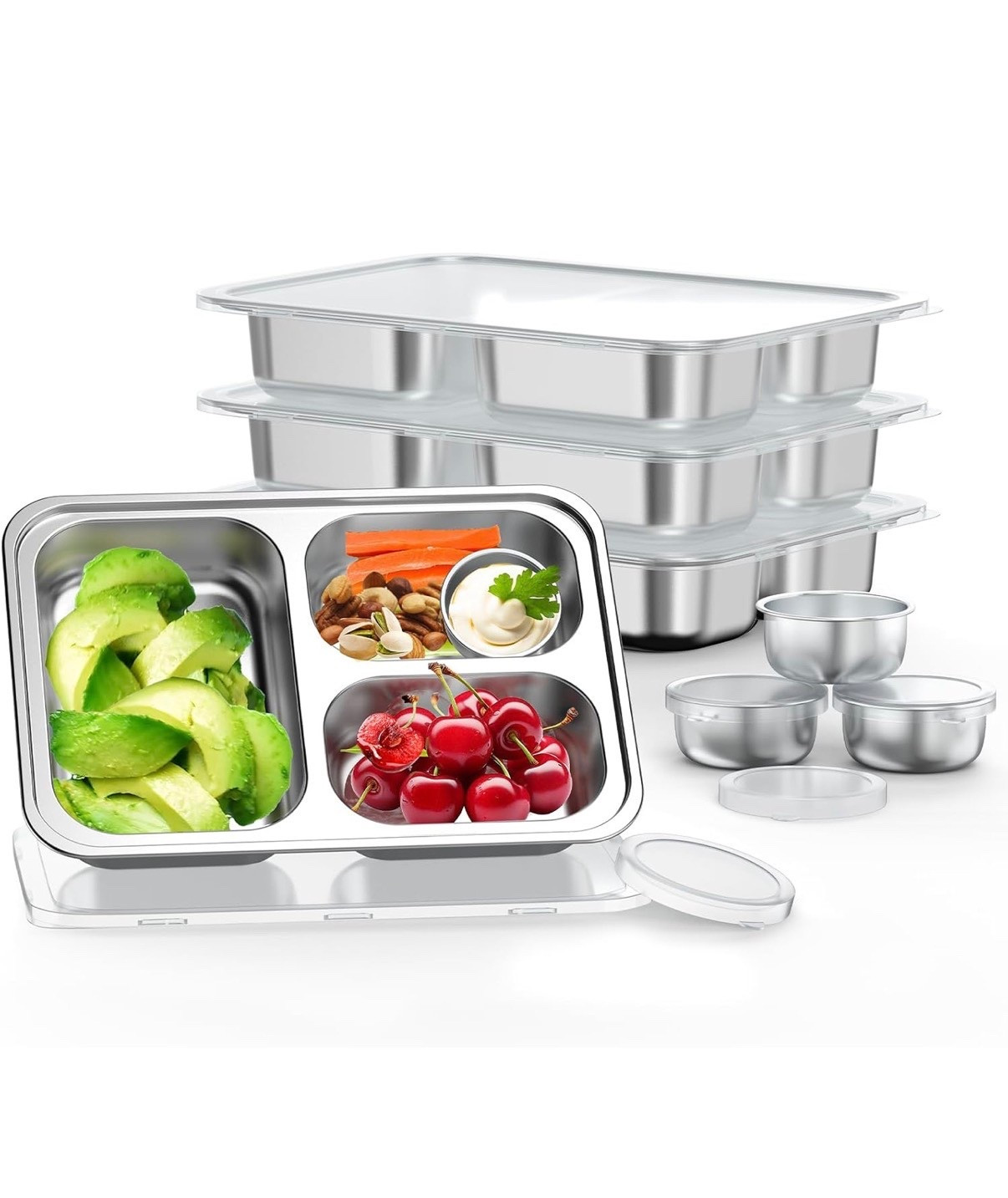 Stainless Steel Divided Plate for Kids Toddler, Non Toxic Portion Control Plate Dinner Plate with Lid for Adults Weight Loss, 4 Pack 3 Sections Rectangular Snack Plate Tray
