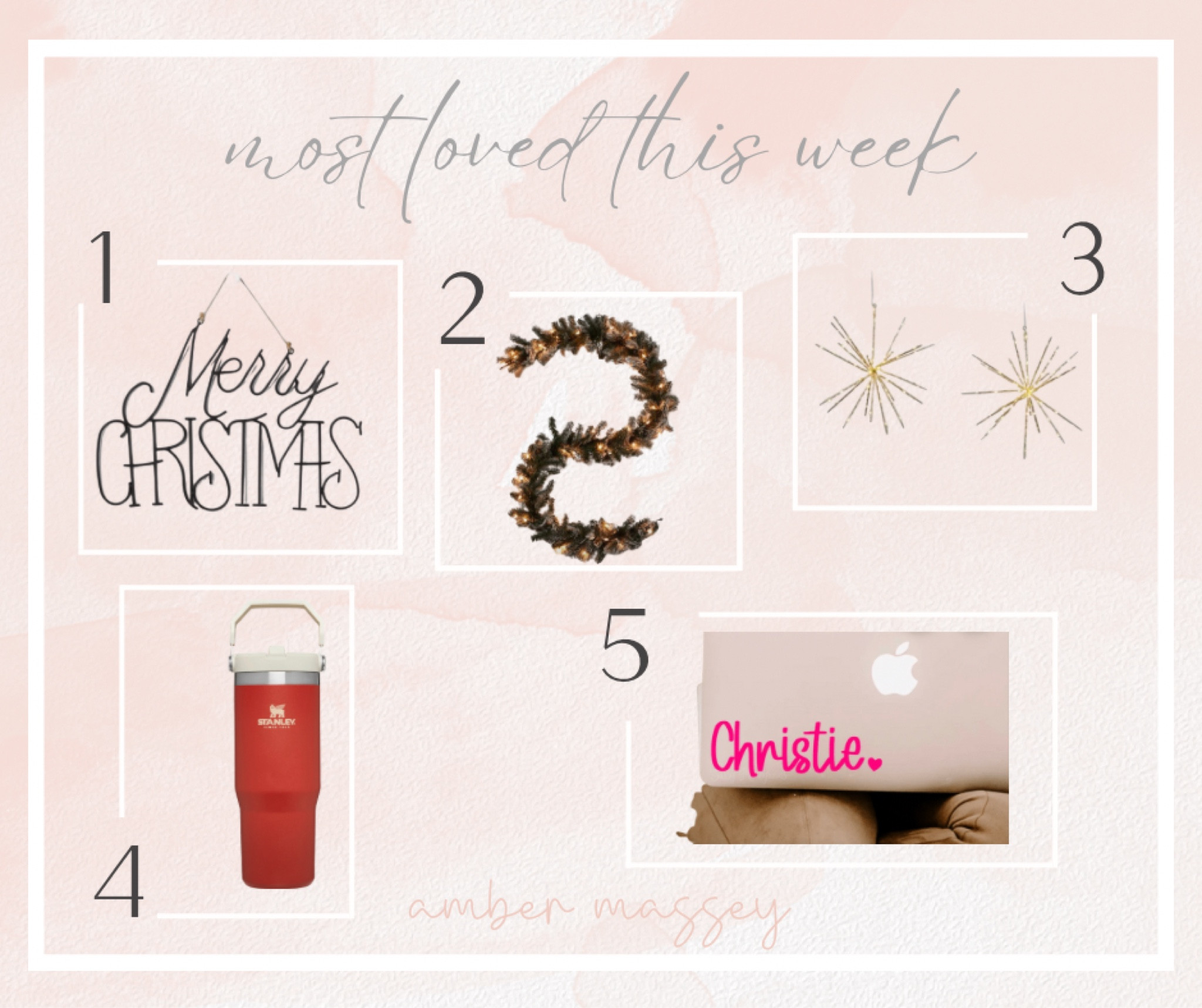 Most loved items from this week:
1) Merry Christmas sign from Target
2) Holy Grail Christmas Pre-lit Garland from Target
3) Sparkle lights from Target
4) Stanley Cup (currently on sale 11.18)
5) Decal/sticker from Etsy. Great for water bottles, computers, phones

Christmas decor | small shops | gift ideas 

#LTKHoliday #LTKSeasonal