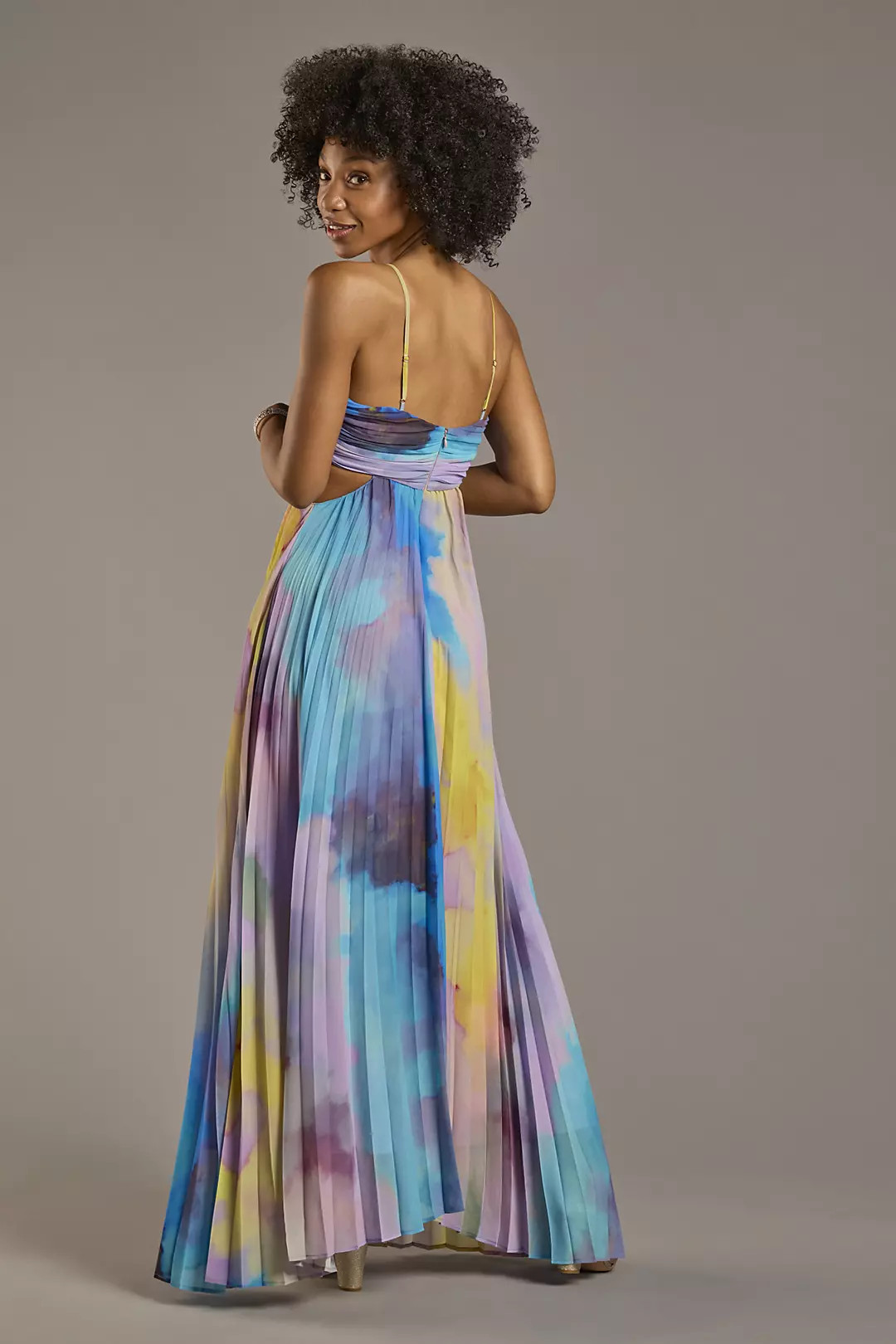 Pleated Watercolor Print Cutout A-Line Dress | David's Bridal