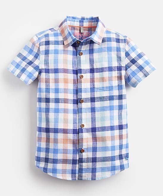 Joules Boys' Button Down Shirts BLUORNCHCK - Blue & Orange Plaid Short-Sleeve Sark Linen-Blend Butto | Zulily