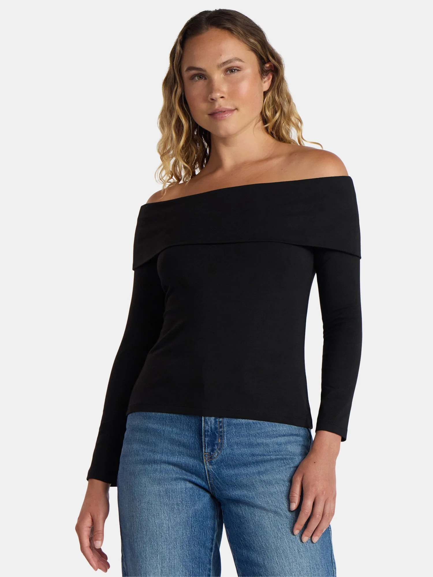 Time and Tru Women’s Fold Over Off Shoulder Top with Long Sleeves, Sizes XS-XXXL - Walmart.com | Walmart (US)