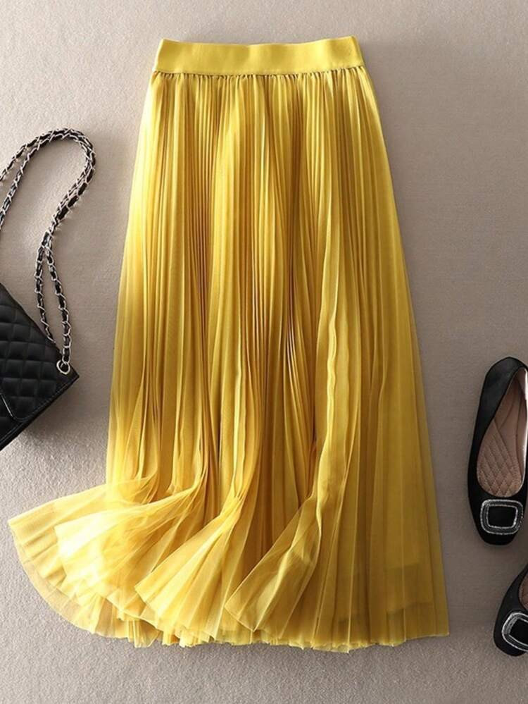 LuminousWealth Women's Elegant Pleated Mesh A-Line Skirt, Suitable For Casual Or Office Wear, Min... | SHEIN