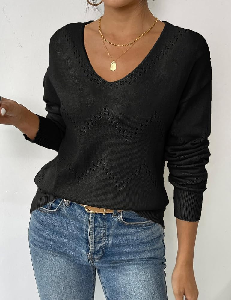 Zeagoo Sweaters for Women Fall Clothing Trendy 2025 Long Sleeve Shirts Off Shoulder Crochet V Nec... | Amazon (CA)