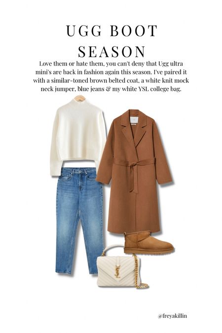 Love them or hate them, you can't deny that Ugg ultra mini's are back in fashion again this season. I've paired it with a similar-toned brown belted coat, a white knit mock neck jumper, blue jeans & my white YSL college bag.

#LTKstyletip #LTKSeasonal #LTKshoecrush