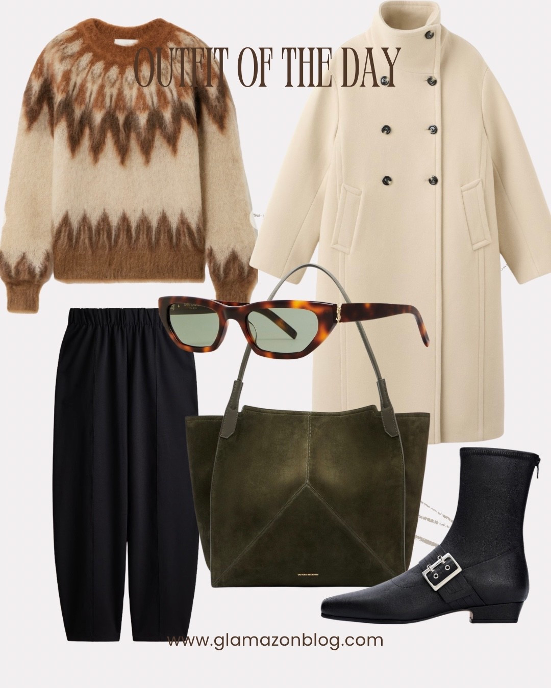 Fairisle jumper, cream coat, black boots, Victoria Beckham bag, side bag, balloon trousers 

#LTKfestive #LTKwinter #LTKuk