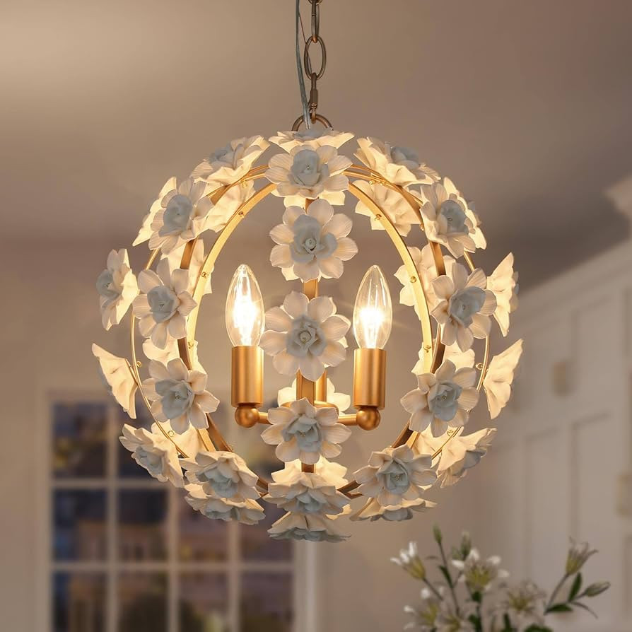 classy leaves Gold Chandeliers, 3 Light Orb Chandelier Ceramic Flower Hanging Pendant Lights Mode... | Amazon (US)
