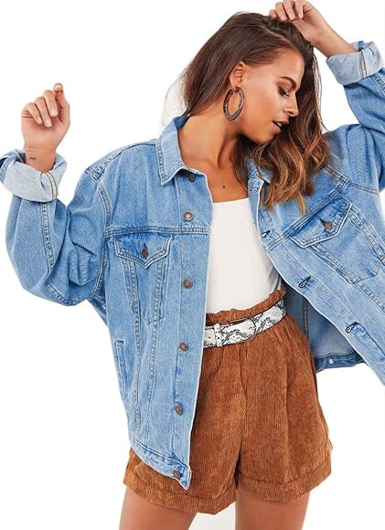 Justalwart Oversized Denim Jacket for Women Jean Trucker Jacket (L, Light blue washed) | Amazon (US)