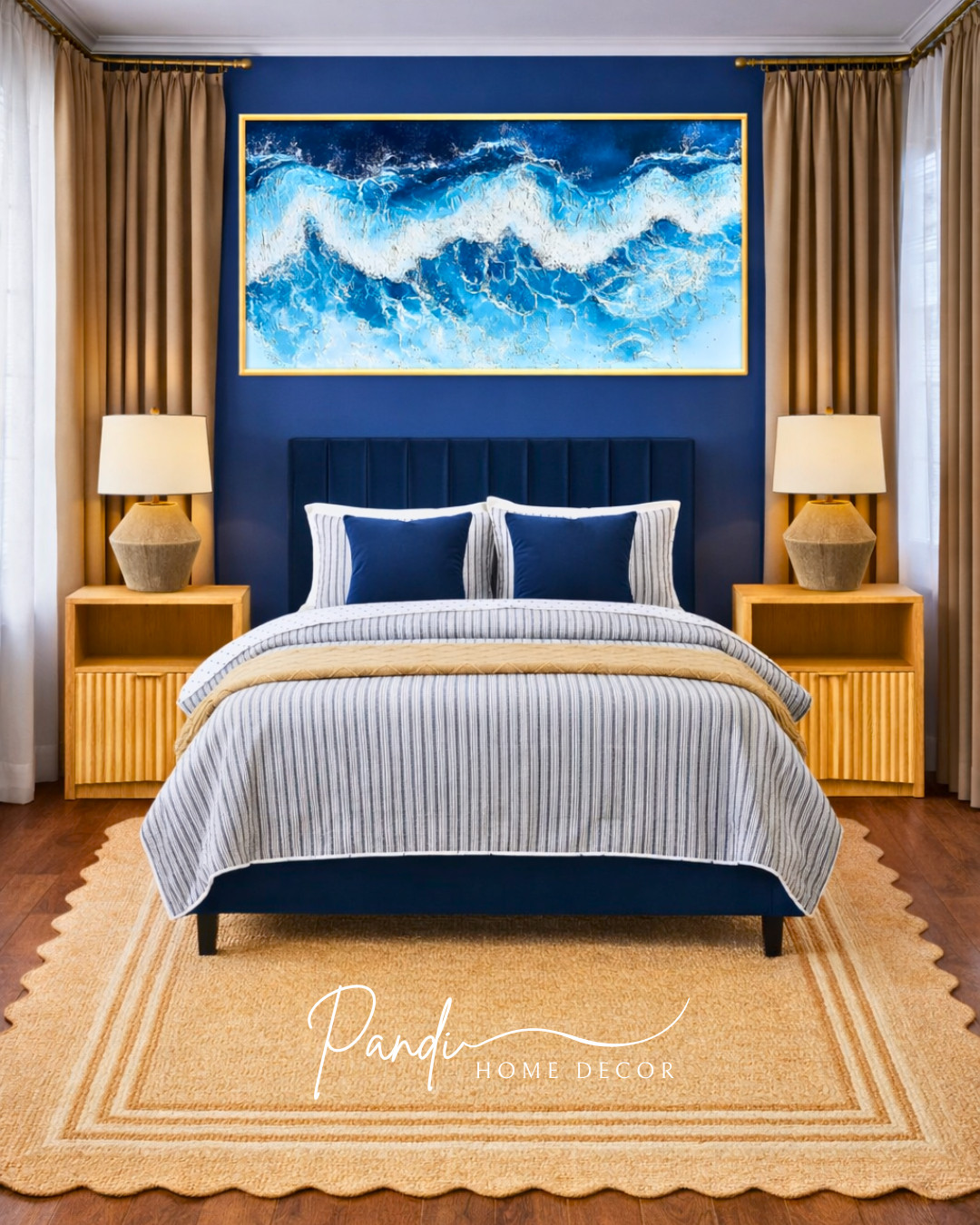 Deep navy and warm wood tones create a rich, cozy bedroom that feels both bold and balanced 💙 Golden accents, soft lighting, and textured layers add warmth and a polished finish.
#NavyBedroom #BlueBedroom #BedroomDecor #NeutralRug #WoodFurniture #WallArt #BedroomInspo #HomeDecor 

 #LTKHome