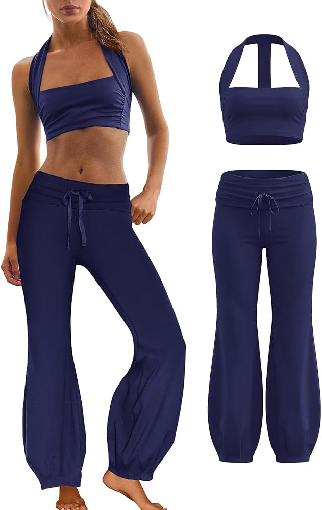 Panadila Women 2 Piece Yoga Sets Pilates Outfit Halter Sports Bra Fold Over Flare Leggings Matchi... | Amazon (US)