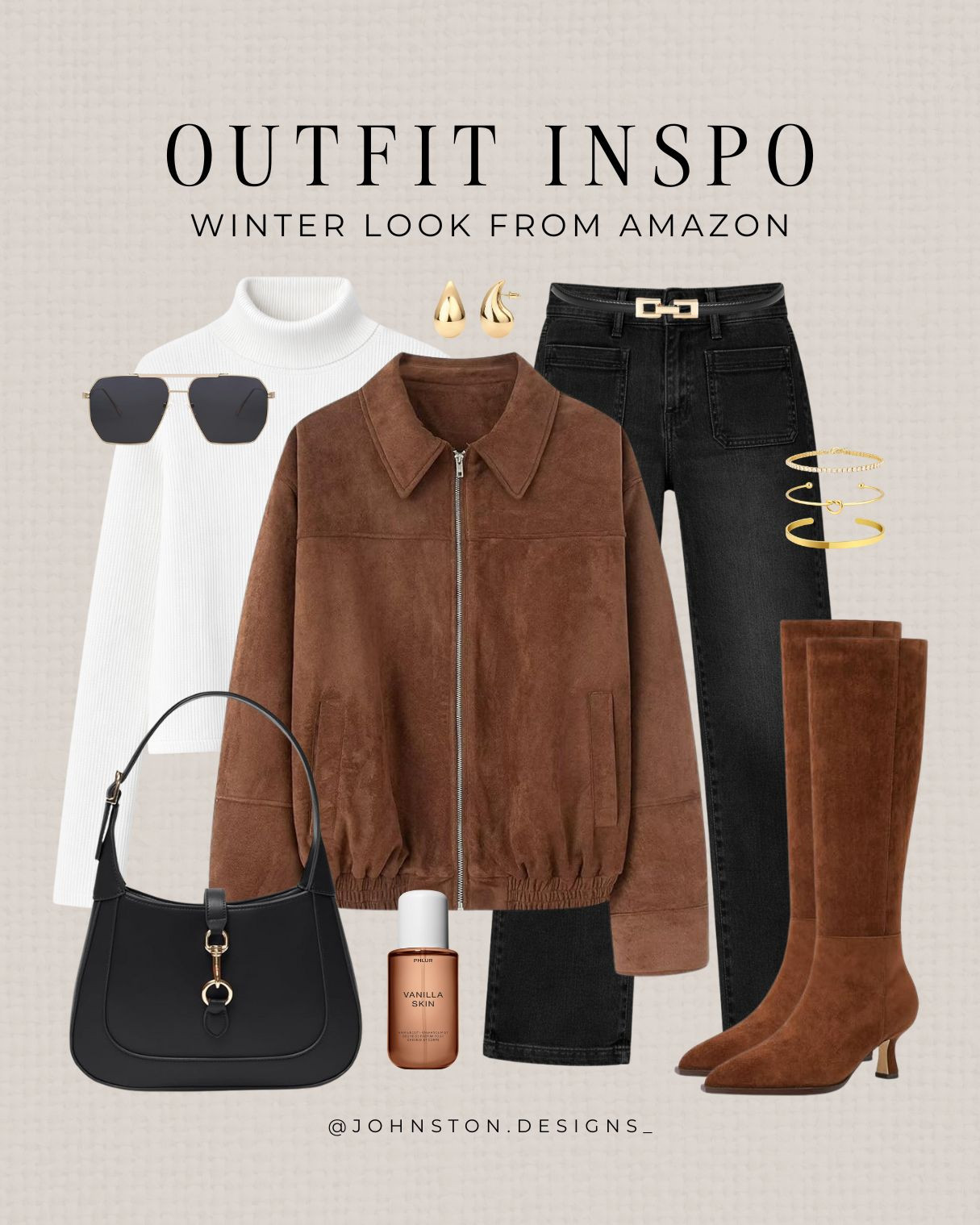 Elevate your style with this chic winter look from Amazon! A cozy turtleneck, sleek belt and sunglasses make for the perfect combo. 

Winter style, Amazon fashion finds, suede jacket, knee high boots, styled look, outfit inspo.
 

 #LTKFindsUnder50