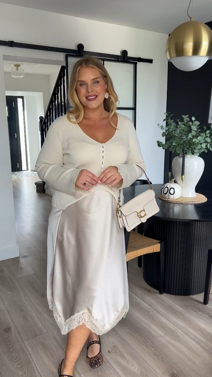 Date night outfit. Going out outfit. Brunch outfit. Slip skirt. Satin skirt. Lace skirt. Cream cardigan. Leopard ballet pumps. Coach bag. Pretty lavish. Miss selfridge. ASOS. Primark. Midsize fashion. 

#FashionMonth #LTKmidsize #LTKautumn
