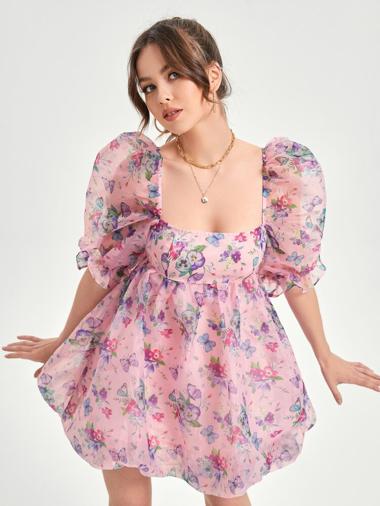 SHEIN Square Neck Puff Sleeve Butterfly & Floral Print Organza Dress | SHEIN