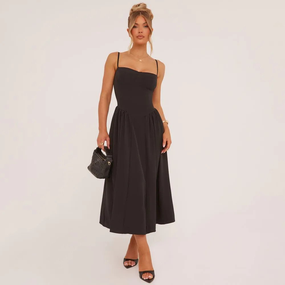 Strappy Pleated Skater Midaxi Dress In Black | EGO Shoes (US & Canada)