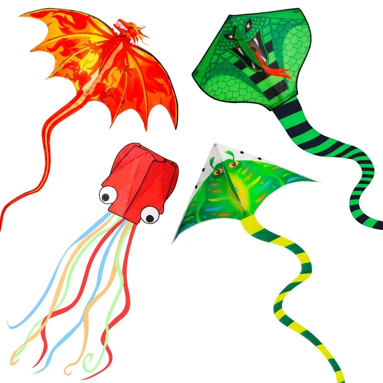 4 Pack Kites - Large Fire Dragon Kite Green Snake Kite Devil Fish Kite Red Mollusc Octopus with L... | Walmart (US)