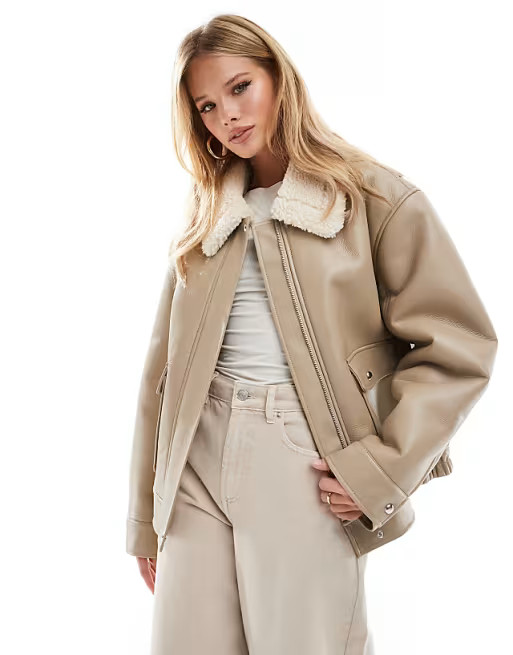 ASOS DESIGN borg collar oversized flight jacket in cream | ASOS (Global)