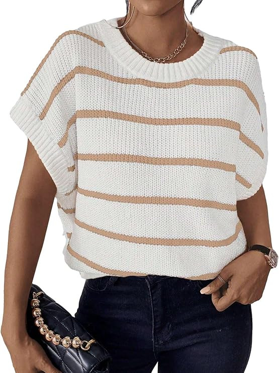 Milumia Women's Stripe Sweater Cap Sleeve Batwing Sweater Vest Crewneck Knit Top Pullover 2023 Fa... | Amazon (US)