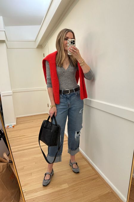 Friday outfit inspo! Madewell bodysuit, red cardigan, old navy wide leg jeans (size up two sizes!)c Sam Edelman gem embellished Mary Jane flats, Portland leather crossbody tote. Weekend outfit, winter outfit 

#LTKfindsunder100 #LTKfindsunder50 #LTKover40