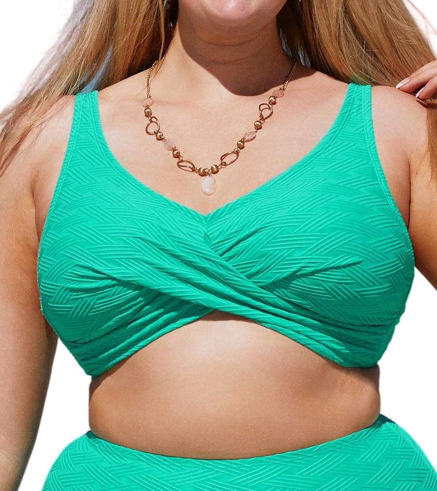 CUPSHE Women Swimsuit Plus Size Bikini Top V Neck Wrapped Adjustable Straps Back Hook Textured Sw... | Amazon (US)