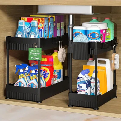 2 Pack Under Sink Organizer, Under Bathroom Cabinet Organizer With Hooks Hanging Cup, Multi-Purpose Storage Shelf For Kitchen Bathroom, Black | Wayfair North America