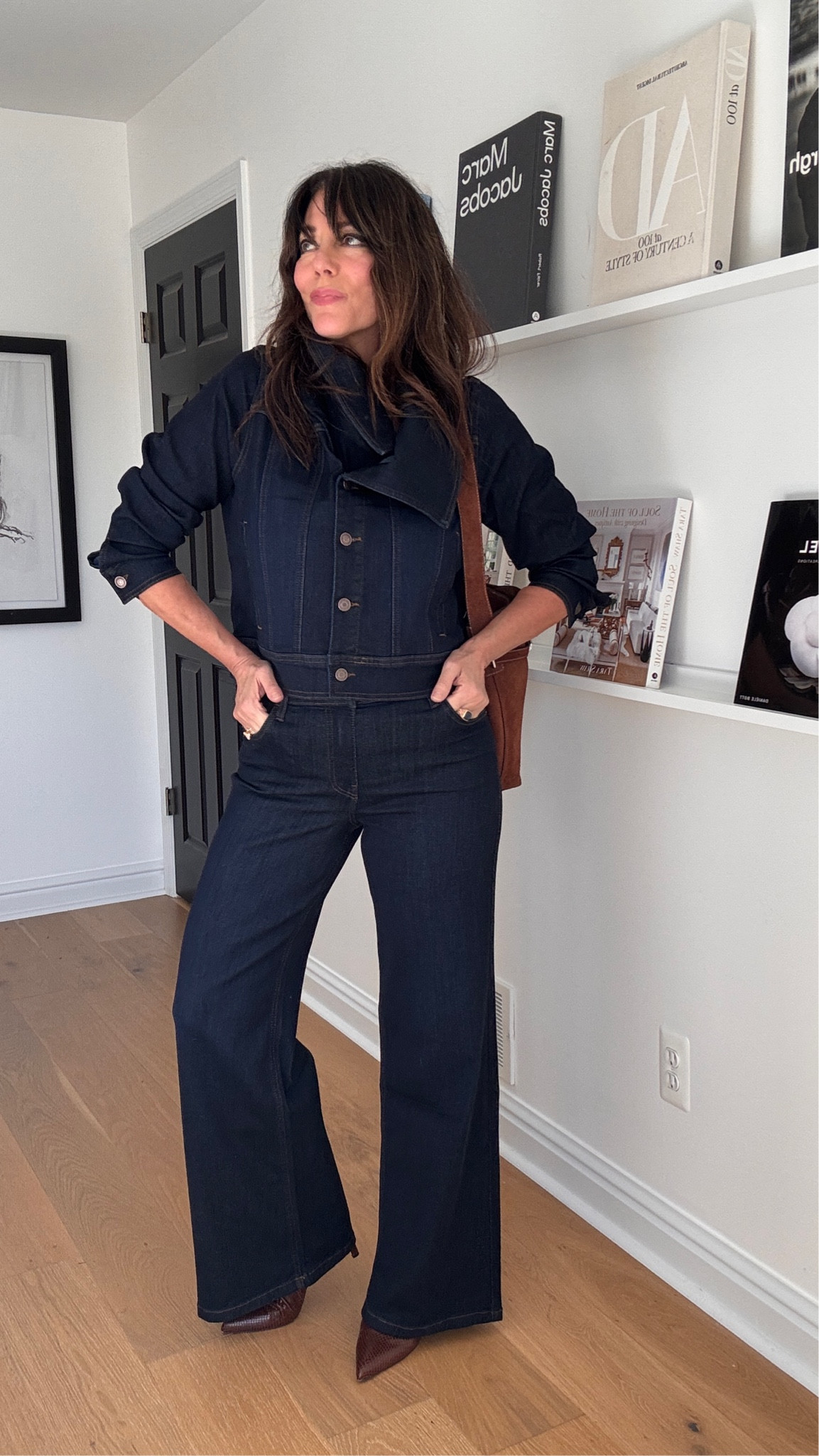 Denim on denim with the most interesting collar on this denim jacket! 
Wearing size 6 jacket and 8 in palazzo jeans 

#LTKWorkwear #LTKTravel #LTKOver40