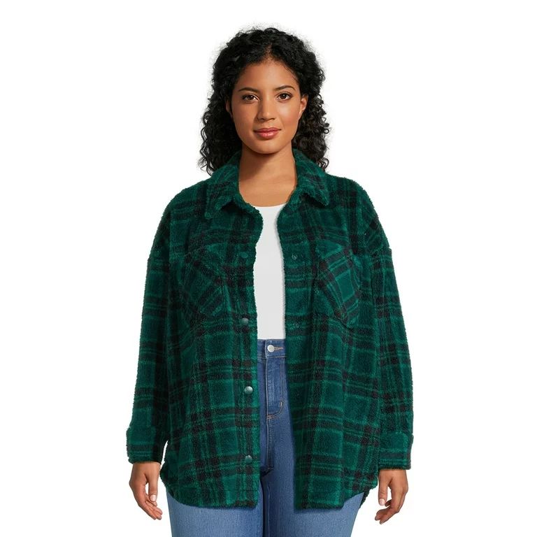 Terra & Sky Women's Plus Size Snap Front Faux Sherpa Shacket | Walmart (US)