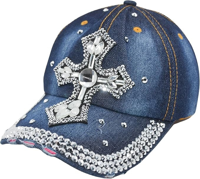 Popfizzy Bling Hat for Women, Fun Rhinestone Baseball Cap, Bejeweled Distressed Denim Hat, Bling ... | Amazon (US)