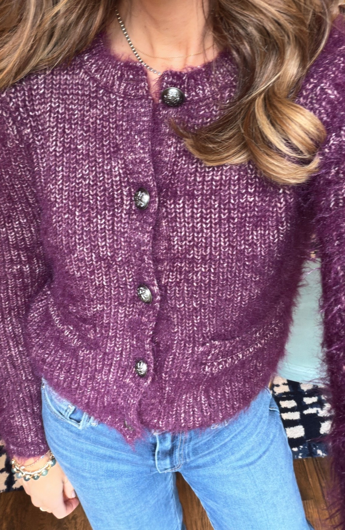 Plum fuzzy cardigan 
On sale 
Best jeans for under 5’4”! 

#LTKSeasonal #LTKmomlife