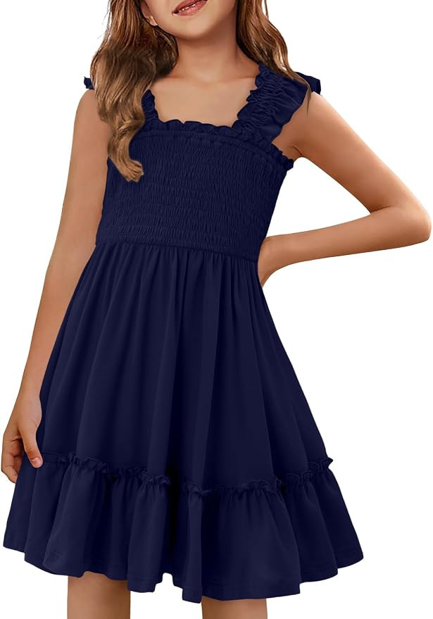 Yoklass Girls Casual Smocked Dress Square Neck Puff Short Sleeve Ruffle Dresses 4-13 Years | Amazon (US)