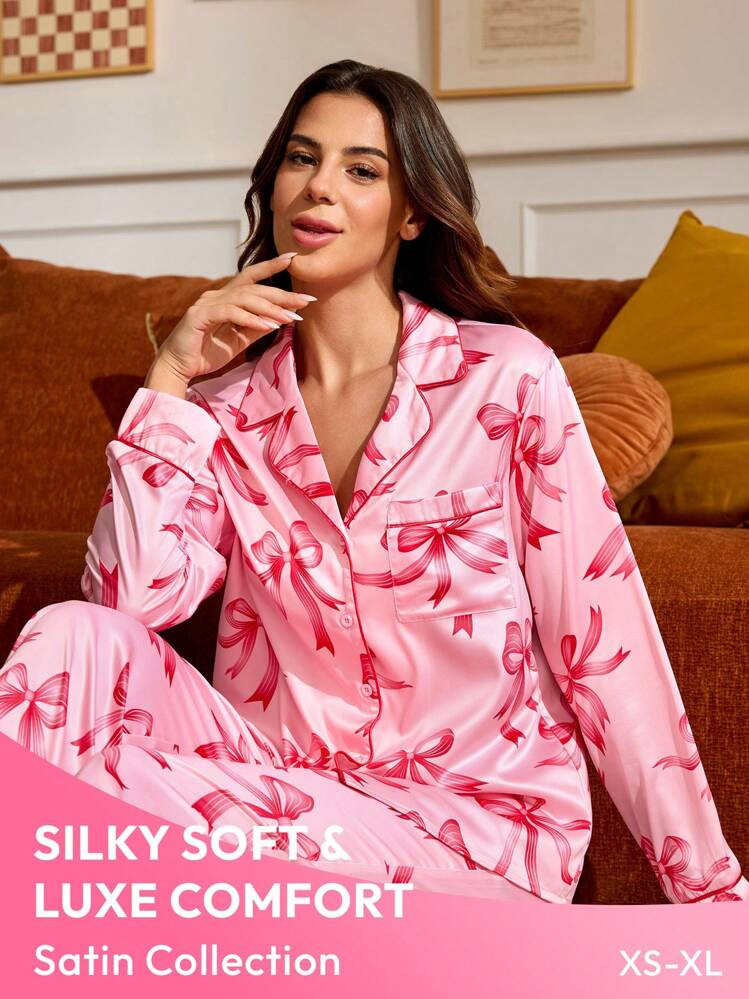 Taranthola Designer Women's Pink Bow Printed Satin Long Sleeve Shirt And Pants Pajama Sets, For F... | SHEIN