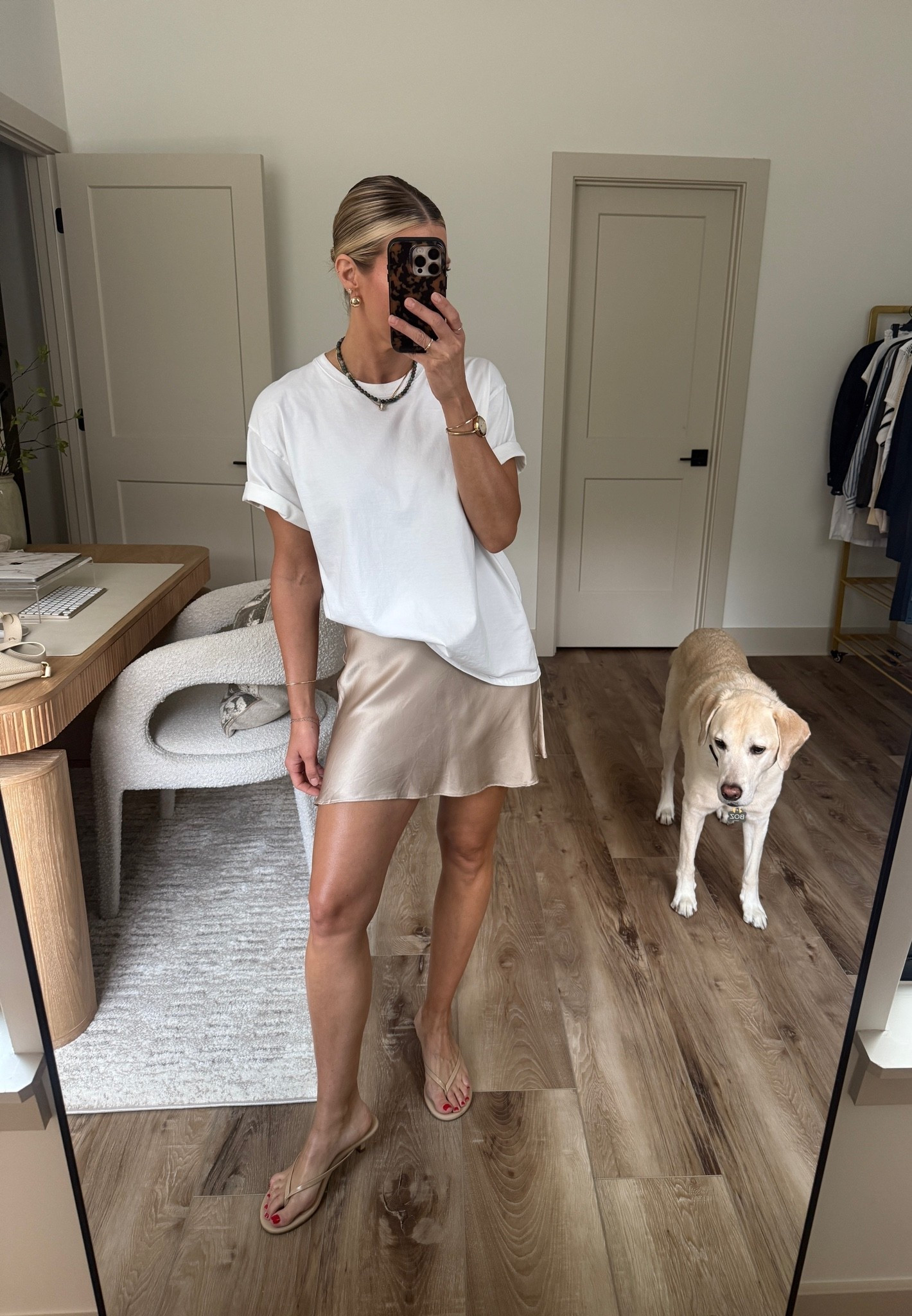 Wearing small silk skirt, small tee (oversized fit), sandals tts