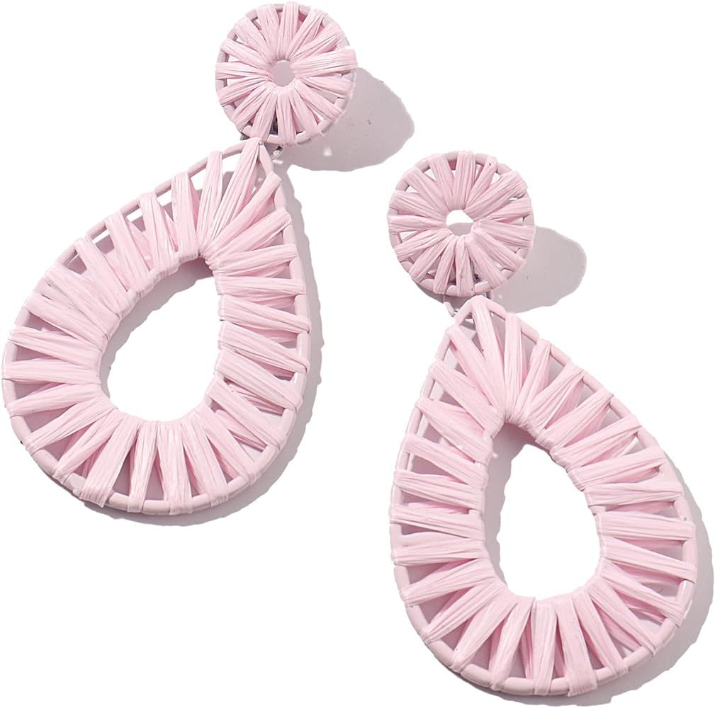 Boho Raffia Earrings Statement Teardrop Earrings Drop Dangle Bohemian Earrings for Women Cute Handma | Amazon (US)