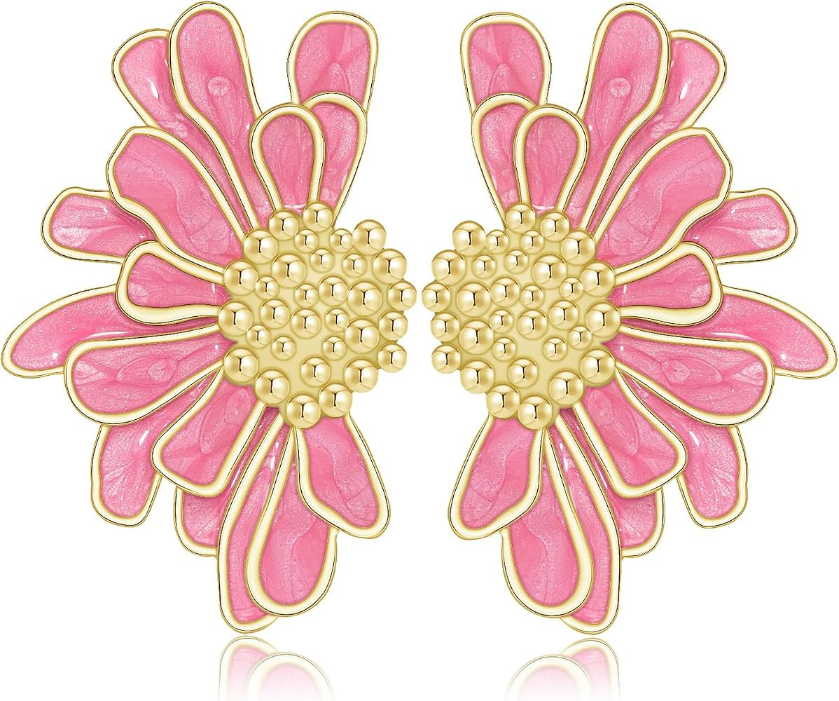 NONQL Vintage Bohemian Semi Flower Enamel Gold Lightweight Large Stud Earrings Personalized Flora... | Amazon (US)