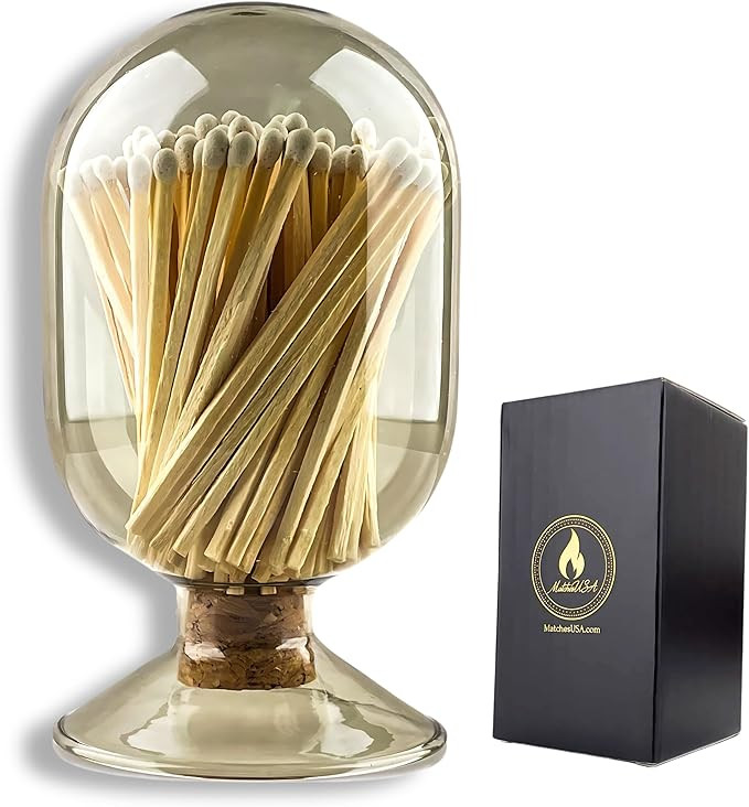 Includes Matches ! | Smoke Gray Glass Matches Cloche | Grey Tinted Decorative Match Holder Jar fo... | Amazon (US)