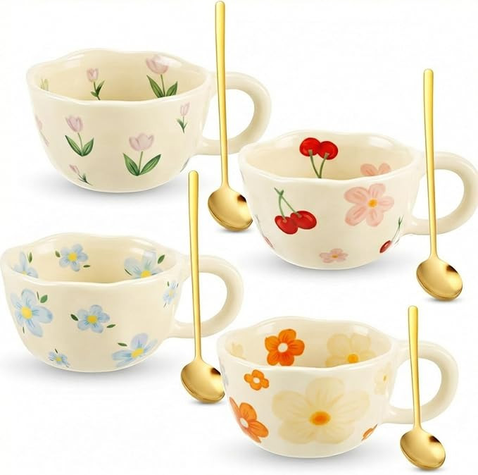 Vesici 4 Pack Ceramic Flower Coffee Mug Set 8.5 oz, Vintage Floral Cute Coffee Cups for Spring, P... | Amazon (US)