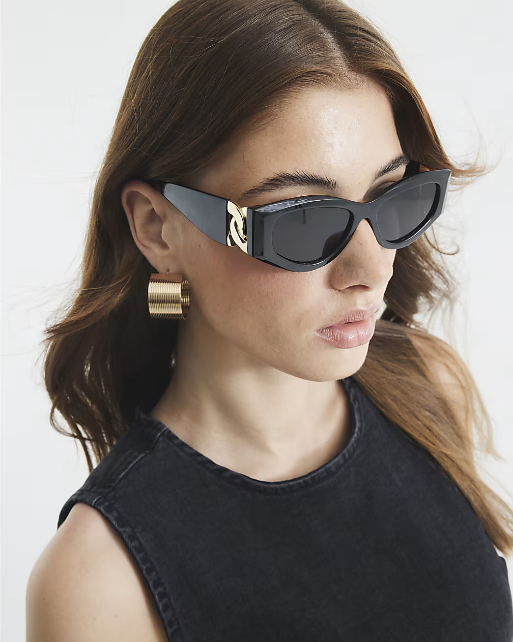 Black Cat Eye Slim Chain Sunglasses | River Island UK & IE