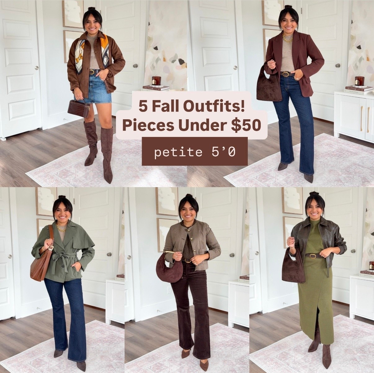 5 Target Fall Outfits - Pieces Under $50
For reference: I’m 5’0, 32b bra size, and 2/26 in bottoms, pear shaped. 
*Everything I share is unaltered! TTS means true to size.

Brown Faux Suede Coat size xxs TTS
Light brown sweater size xxs TTS
Dark Brown belt size 27”- 31” TTS
Denim skirt size 2 TTS
Brown boots size 5.5 TTS

Brown blazer size xs TTS
Light brown sweater size xxs TTS
Dark Brown belt size 27”- 31” TTS
Dark Rinse jeans size 26 short TTS
Dark brown boots size 5.5 TTS

Olive green short cape trench coat size xs TTS
Light brown sweater size xxs TTS
Dark Brown belt size 27”- 31” TTS
Dark Rinse jeans size 26 short TTS
Dark brown boots size 5.5 TTS

Brown Plaid Lady Jacket size xs TTS
Brown sweater size xs TTS
Dark Brown belt size 27”- 31” TTS
Dark Rinse jeans size 26 short TTS
Dark brown boots size 5.5 TTS
Brown heels size 5 TTS

Green sweater size xs TTS
Green sweater skirt size xs TTS
Dark Brown belt size 27”- 31” TTS
Pebble Brown Faux Leather jacket size xs petite TTS
Brown boots size 5.5 TTS




Target fall outfits
fall outfits under $50
Target fall fashion 2025
affordable fall outfits
fall outfit ideas
petite fall outfits
petite Target finds
petite capsule wardrobe
petite fashion fall 2025
petite friendly fall style
Target fall try on
Target new arrivals
Target fall finds 2025
Target outfit inspo
Target clothing favorites
cozy fall outfit ideas
casual fall outfits
fall capsule wardrobe
neutral fall outfit ideas
fall outfit essentials
Target outfit ideas 2025
Rachel Miranda Blog
Honeysweetpetite
Honey Sweet Petite


#LTKFindsUnder50 #LTKPetite #LTKStyleTip