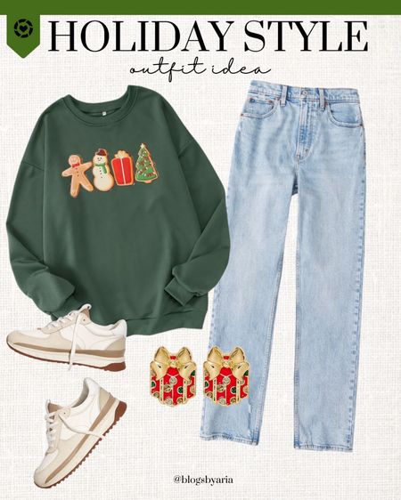 Casual holiday outfit idea!! Cozy Christmas sweatshirt and straight denim jeans  

#LTKHoliday #LTKstyletip #LTKshoecrush