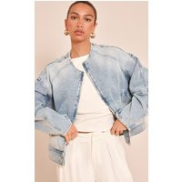 Light Blue Round Neck Balloon Sleeve Denim Jacket | PrettyLittleThing US