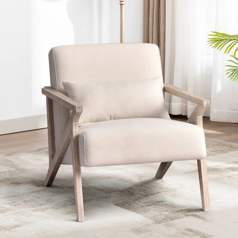 Joesy 34" Wide Upholstered Linen Blend Accent Chair with Wooden Legs and One Pillow | Wayfair North America