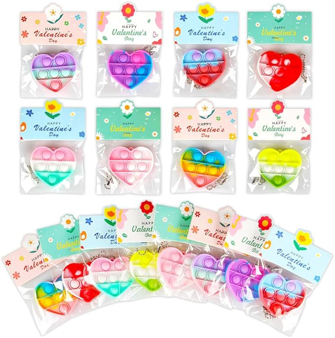 32 Pack Valentine's Day Heart-Shaped Pop Fidget Toys for Kids, Classroom Bulk Gifts with Keychain... | Amazon (US)