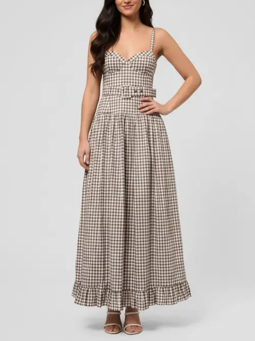 RACHEL Rachel Roy Elodie Sweetheart Neck Maxi Dress in Ivory Brown Gingham at Nordstrom, Size 4 | Nordstrom