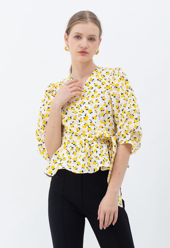 Yellow Floral Tie Waist Ruffle Wrap Top | Chicwish