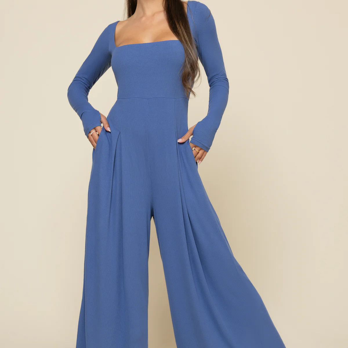 Go With The Flow Long Sleeve Jumpsuit - Blue Horizon | POPFLEX