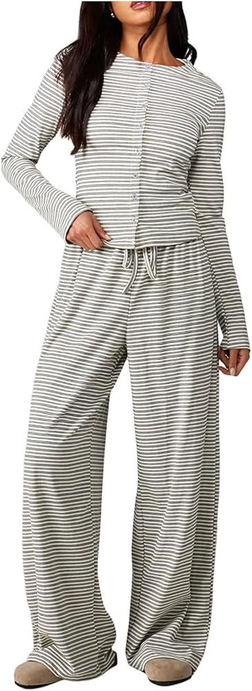 WDIRARA Women's Striped 2 Piece Pants Outfits Long Sleeve Button Down Knit Top Set Leisure Fall C... | Amazon (US)