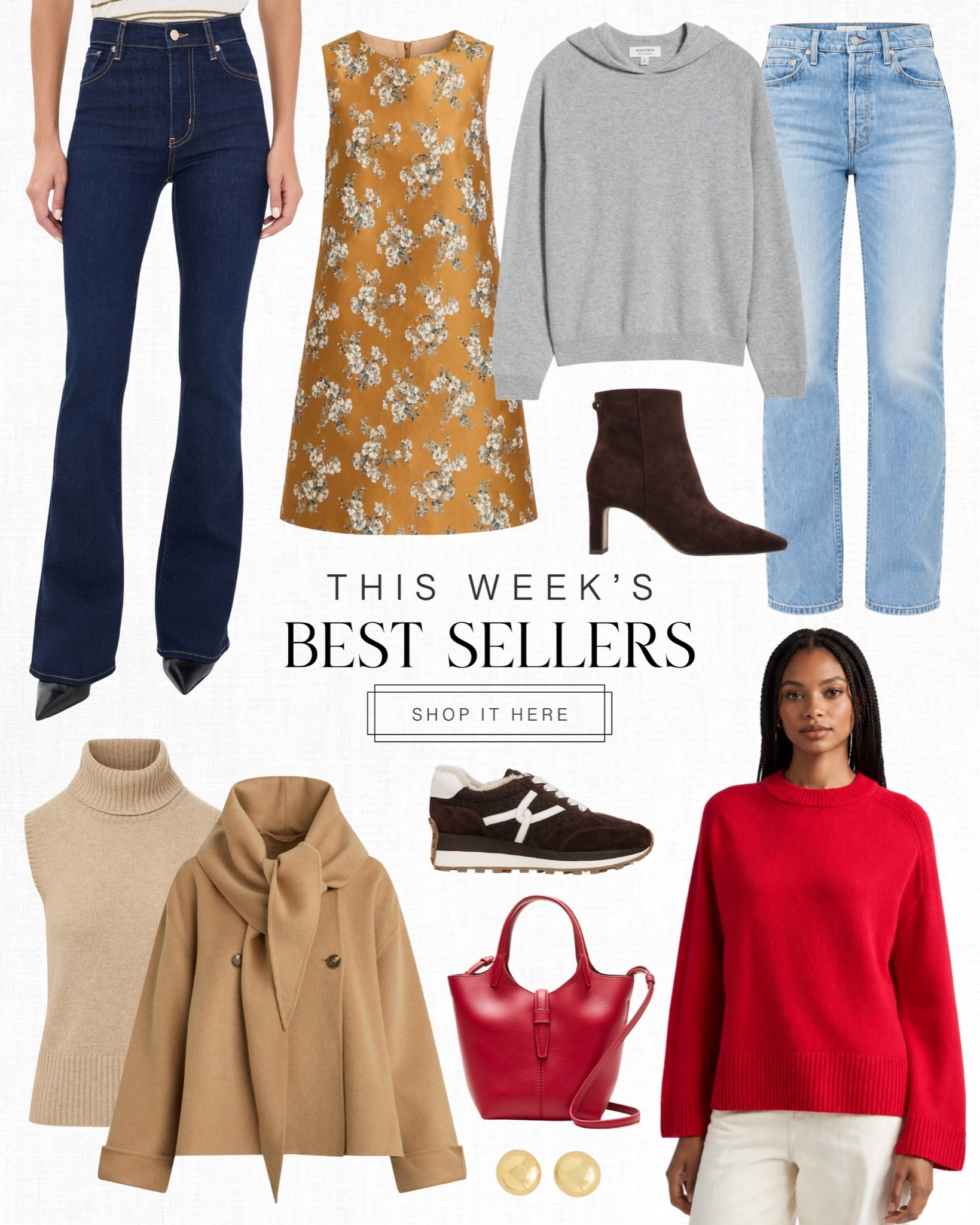 Top 10 Best Sellers: I love adding pops of red to a neutral look to feel more fresh and elevated, especially for fall. This @jcrew is so cute and comes with a crossbody strap and how pretty is this red sweater that I would style under a trench coat like this one. Dark wash denim always looks so great this time of year and I’m loving this new pair from Frame in the wash “Fairway”. I especially love that they come in petite sizes here!