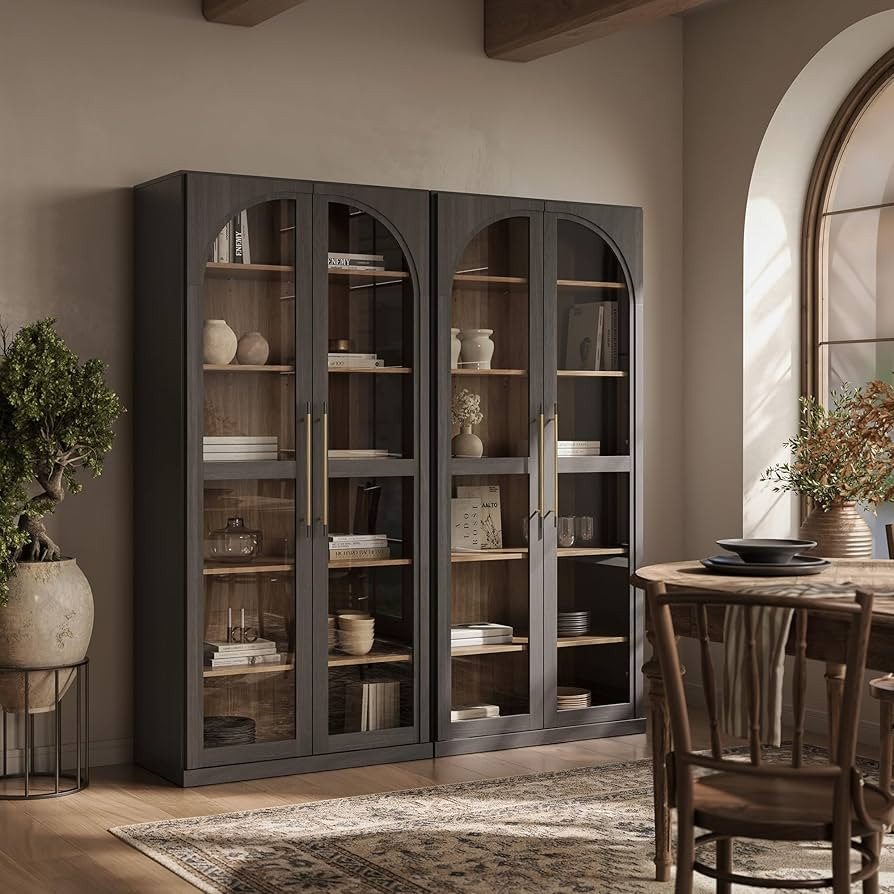 BELLEZE 67" Storage Cabinet Set of 2, 6 Shelf Glass Bookshelf Display Cabinet, Modern Wood Wine C... | Amazon (US)