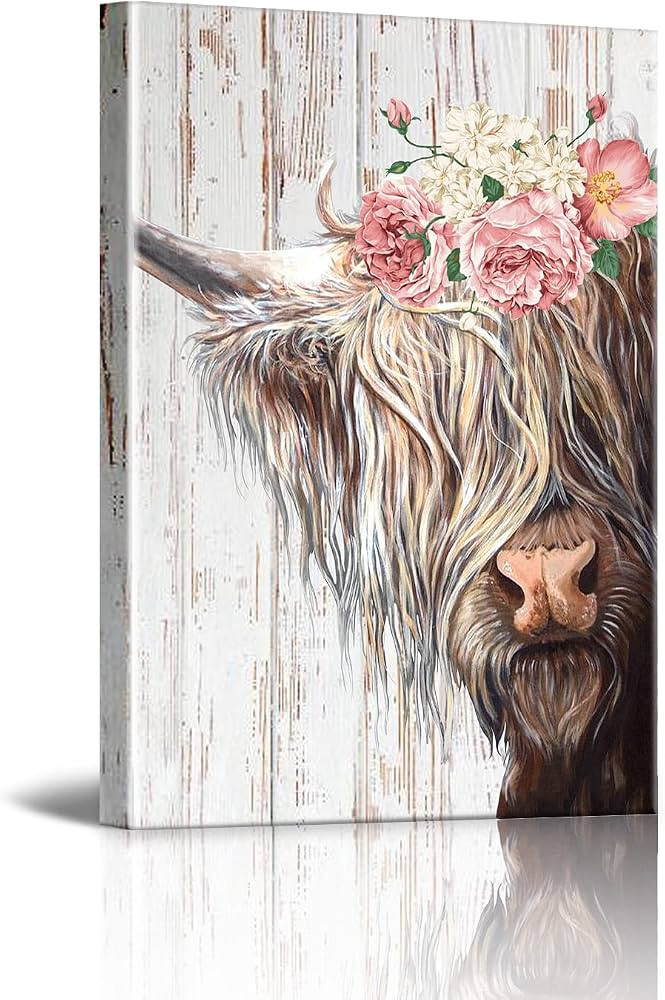 Cute Highland Cow Country Farmhouse Canvas Printing Rustic Bedroom Decor Retro Cow With Garland W... | Amazon (US)