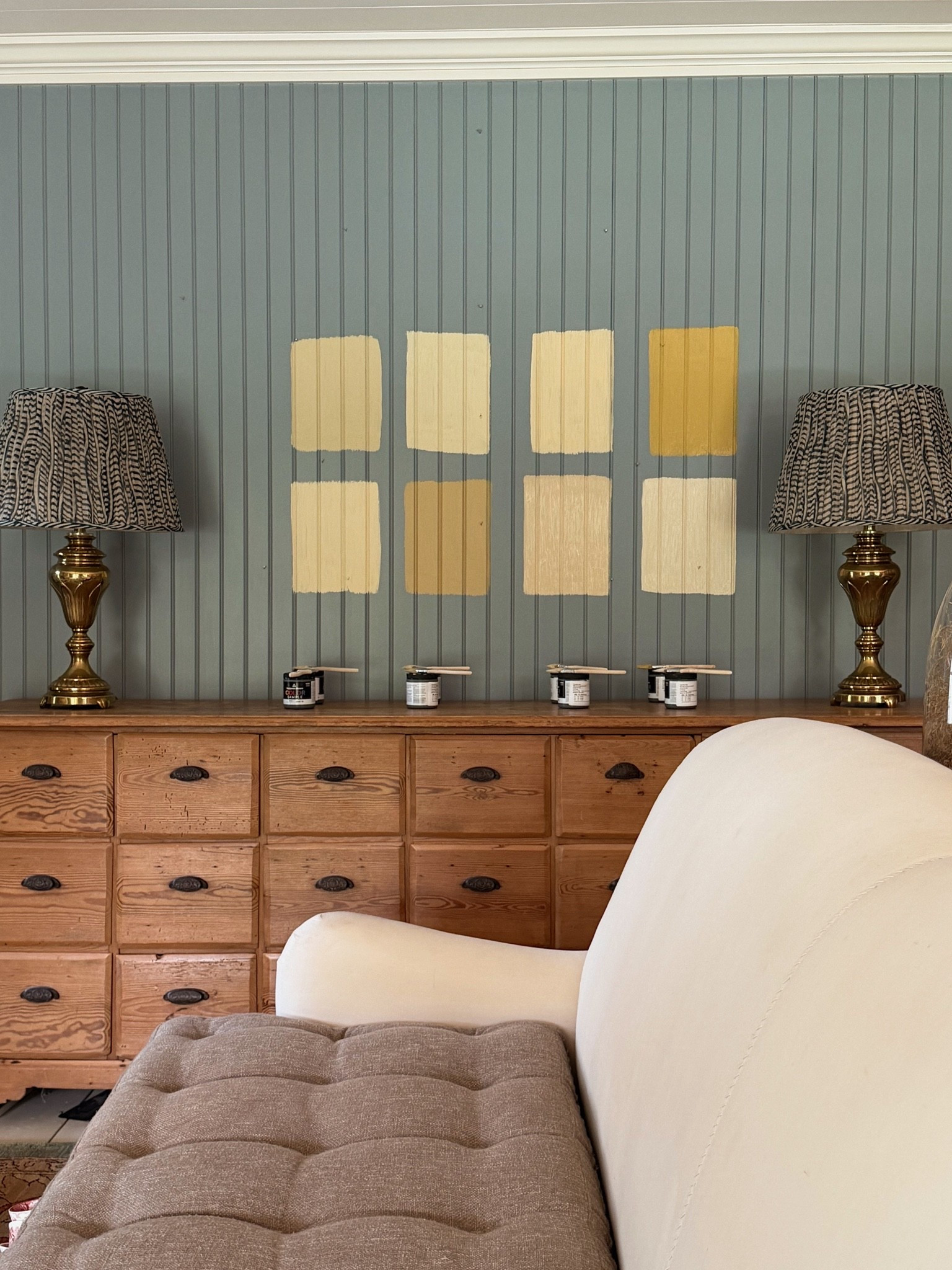 Colors starting at top left: Behr white oak, SW Ivory, BM Desert tan, BM gilded ballroom. 

Bottom row: f&b cream, sw downing straw, f&b cord, f&b string.