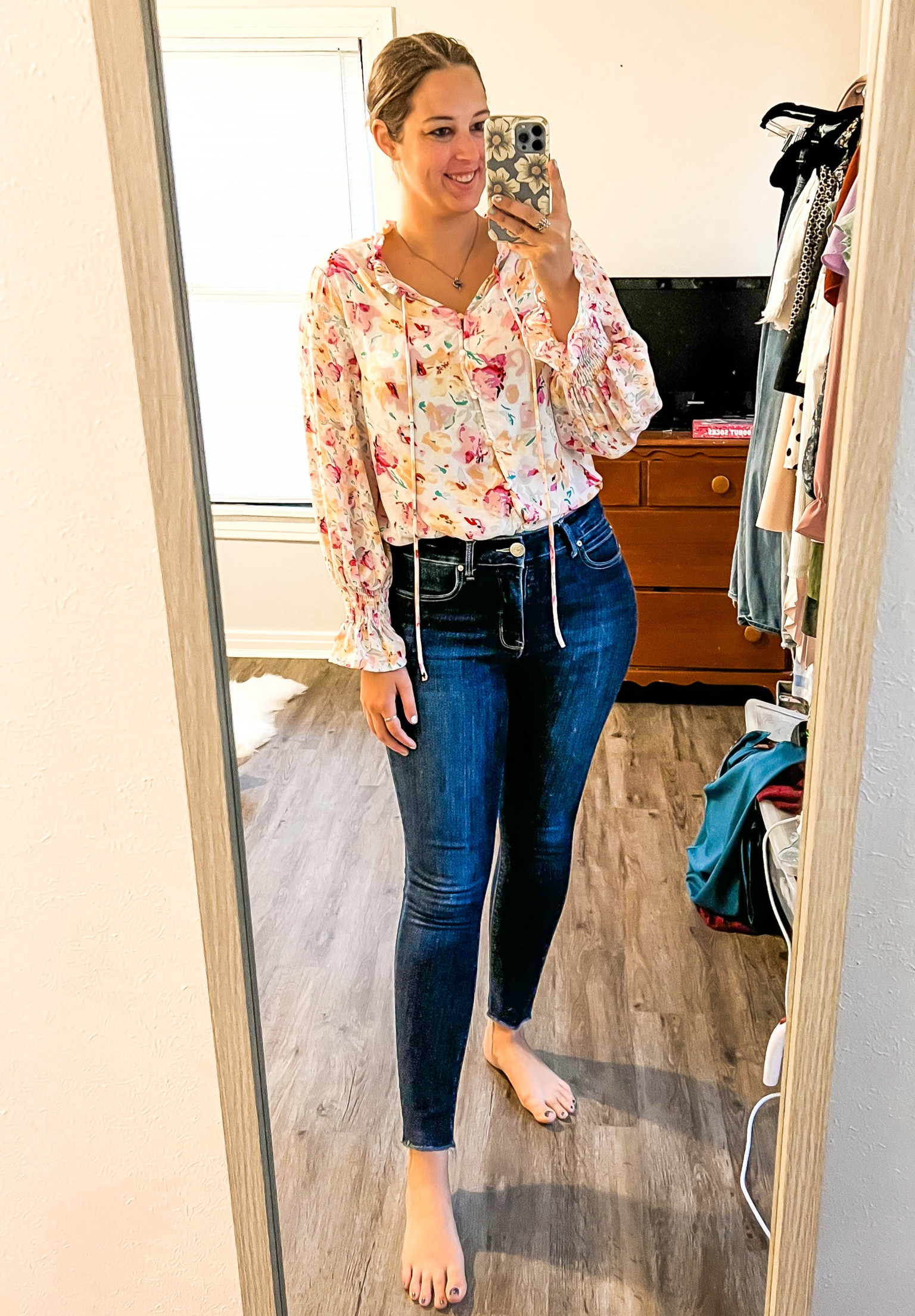 Monday 6.26.23 ootd - amazon floral blouse with ruffle sleeves (wearing size large) and seven7 high rise dark wash skinny jeans (wearing size 10) 

Midsize, midsize outfit, size 10, size 10 outfit, work outfit, amazon finds, floral top, summer outfit, affordable outfit, casual outfit, outfit inspo, ootd, 

#LTKFind #LTKunder50 #LTKworkwear