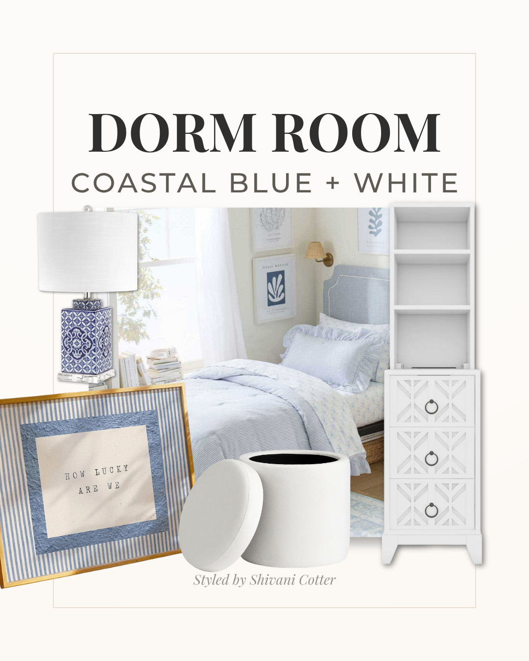 There's nothing more peaceful than a blue and white color palette! Whether you add a pop of color or not, it's the kind of color scheme that looks great and is so easy to style! 
This edit includes some unique pieces like the tall nightstand with built-in charging points (works for both a standard bed or lofted bed), and is narrow enough for a dorm room, this blue and white lamp with an acrylic base and cute wall decor! The blue and white bedding is classic and preppy. Putting together complimentary pieces for this set up was so easy and fun! 

 #dormdecor #blueandwhite #girlsbedroom #dormroom #coastal #LTKHome